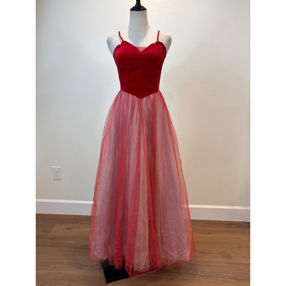 Vtg 50s Gown XS Red Velvet Tulle Sweetheart Formal Dress Prom Old Hollywood Glam